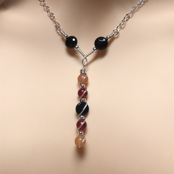 Solar Eclipse- Onyx, Red Agate,Orange Aventurine Sterling Silver Necklace - Picture 3 of 10